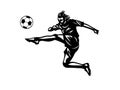 Soccer player silhouette stricking a goal jumping high in the air.