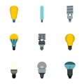 Types of lamps icons set, flat style