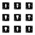 Types of lamps icons set, grunge style