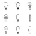Types of lamps icons set, outline style