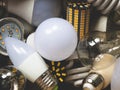 Types of light bulbs: Light Emitting Diode, Fluorescent, Incandescent. Variety of light bulb shapes and sizes, its base or plug