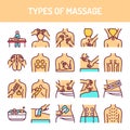 Types of massage line icons set. Isolated vector element.