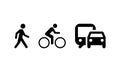 Types of movement and transport icon set. On foot by bike and by car or by public transport. Vector EPS 10