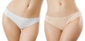 Types of panties. Front view. Close up Women set of different beige and gray underwear with blank template mock up background.
