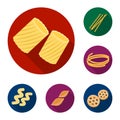 Types of pasta flat icons in set collection for design. Figured macaroni for eating vector symbol stock web illustration Royalty Free Stock Photo