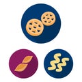 Types of pasta flat icons in set collection for design. Figured macaroni for eating vector symbol stock web illustration Royalty Free Stock Photo