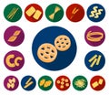 Types of pasta flat icons in set collection for design. Figured macaroni for eating vector symbol stock web illustration