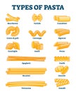 Types of pasta vector illustration. Labeled italian cuisine shapes explanation