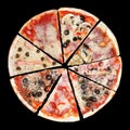 8 types of pizza on a black background, eight slices of different types of pizza on a black background