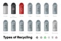 Types of Recycling vector icons set. Waste Sorting, Garbage Separation large collection Organic, Paper, Plastic, Glass