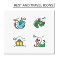 Types of rest and tourism color icons set