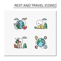 Types of rest and tourism color icons set