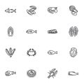 Types of seafood line icons set