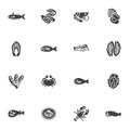 Types of seafood vector icons set