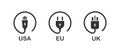 Types of socket plugs icon set. Cable plugs type usa, uk, eu illustration symbol. Sign electric plug vector