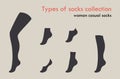 Types of woman female socks collection. Vector