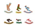 Types of socks set. No-show low-cut. Socks with titles vector illustration.Colorful funny Socks Set