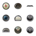 Types of speedometers icons set, cartoon style