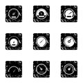 Types of speedometers icons set, grunge style