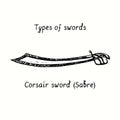 Types of swords. Corsair sword Sabre. Ink black and white doodle drawing