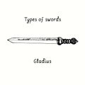 Types of swords. Gladius. Ink black and white drawing in woodcut style Royalty Free Stock Photo