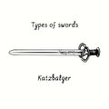 Types of swords. Katzbalger. Ink black and white drawing in woodcut style
