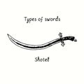 Types of swords. Shotel. Ink black and white doodle drawing