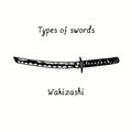 Types of swords. Wakizashi. Ink black and white doodle drawing