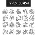 Types tourism line black set. Cute characters on journey kawaii pictograms. Signs for web page, mobile app, button, logo. Vector