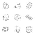 Types of toys icons set, outline style