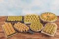 Types of Turkish baklava. Baklava pastry dessert. Traditional turkish dessert Royalty Free Stock Photo