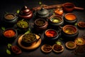 Types and varieties of loose leaf tea and on a wooden table. Tea culture and tradition. AI generated Royalty Free Stock Photo