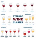 Types of wine glasses educational labeled classification example collection