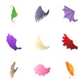 Types of wings icons set, cartoon style