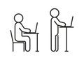 Types of work at computer while sitting and standing, ergonomic workplace. Correct body position. Protect health