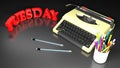 Typewriter on black desk with TUESDAY write - 3D rendering illustration