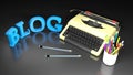 Typewriter with blue BLOG write on a black desk - 3D rendering illustration
