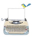 Typewriter Creme and Blue with blank paper and little bird vintage vector art cute illustration Royalty Free Stock Photo