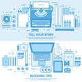 Typewriter and laptop. Tell your story. Author. Blogging platform. Flat blue outline background. Line art vector