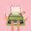 Typewriter and love note with hand lettering. Colorful hand drawn illustration for Happy ValentineÃ¢â¬â¢s day. Greeting card