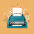 Typewriter and love note with hand lettering. Colorful hand drawn illustration for Happy ValentineÃ¢â¬â¢s day. Greeting card