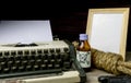 Typewriter with paper page and poison and gun. Royalty Free Stock Photo