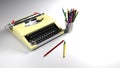 Typewriter and pencils on a white desk - 3D rendering illustration