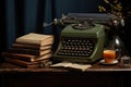 typewriter placed next to a cup of coffee and a stack of old books Royalty Free Stock Photo
