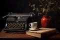 typewriter placed next to a cup of coffee and a stack of old books Royalty Free Stock Photo