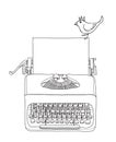 Typewriter portable retro with paper and  yellow bird  hand drawn vector line art illustration Royalty Free Stock Photo