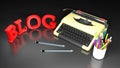 Typewriter with red BLOG write on a black desk - 3D rendering illustration