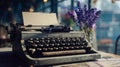 A typewriter sitting on top of a table next to a vase of flowers Royalty Free Stock Photo