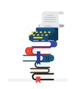 Typewriter on a stack of books. Vector. Flat style. Illustration for poster, print and website. Vintage device with manuscripts