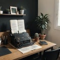 Typewriter and stack of papers on dark table in room Writer\'s workplace